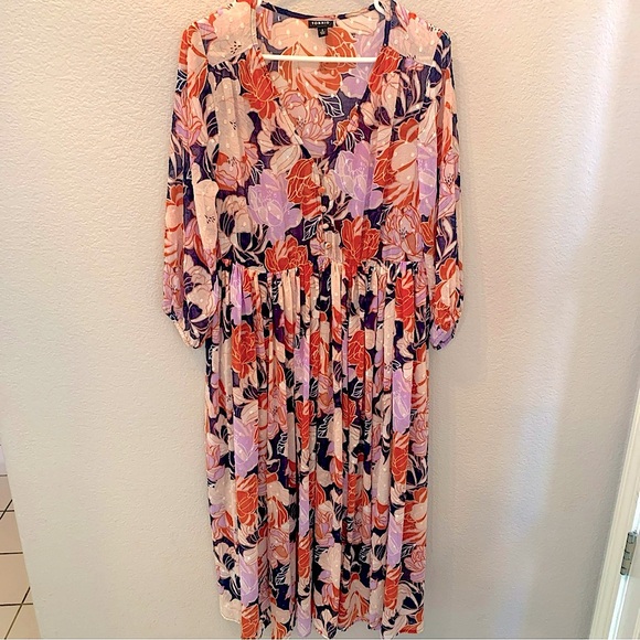 Torrid Navy Floral Swiss Dot Button Down Tea Length Dress 0X size 12/14 No Slip - Picture 4 of 9